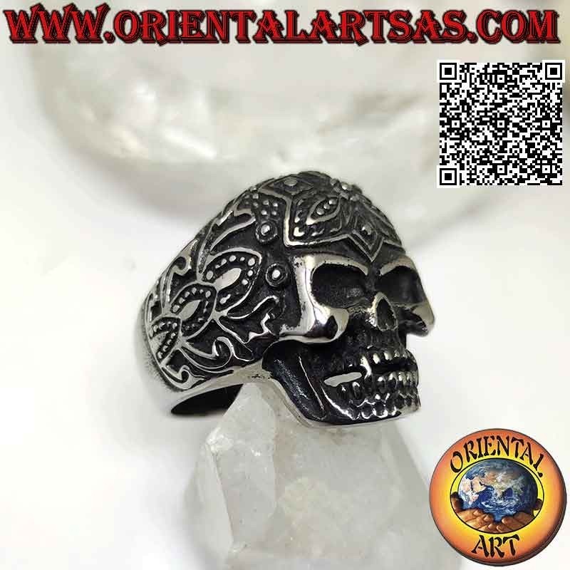 Bague en acier chirurgical (316L), tête de mort "calanca" mexicaine à décor tribal en bas-relief