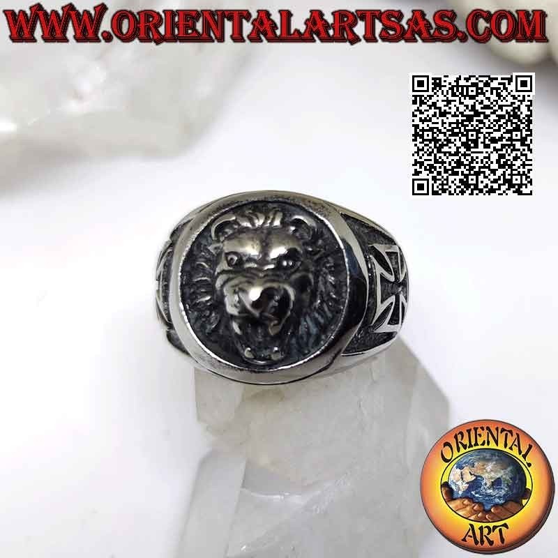 Surgical steel ring (316L), embossed lion head and patent cross or iron cross on the sides
