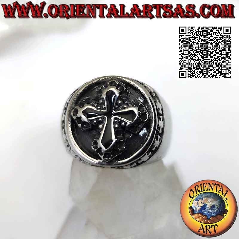 Bague en acier chirurgical (316L), croix centrale noire en relief entourée de petites croix grecques