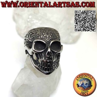 Ring aus Chirurgenstahl (316L), mexikanischer „calanca“-Totenkopf mit Blumendekor auf der Vorderseite graviert