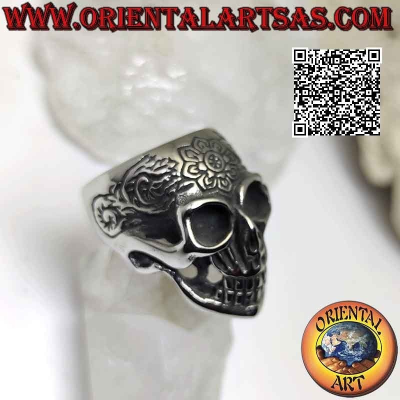 Ring aus Chirurgenstahl (316L), mexikanischer „calanca“-Totenkopf mit Blumendekor auf der Vorderseite graviert