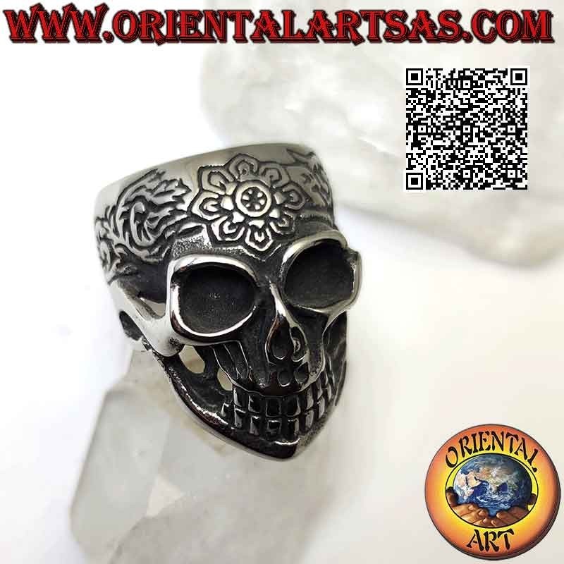 Anillo de acero quirúrgico (316L), calavera mexicana "calanca" con decoración floral grabada en el frente
