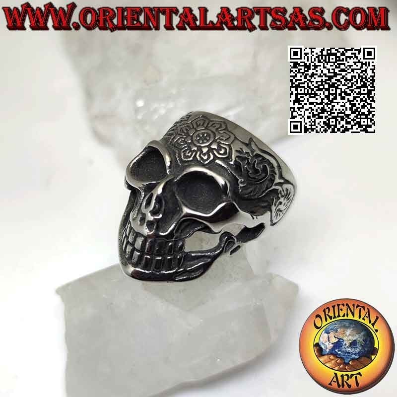 Ring aus Chirurgenstahl (316L), mexikanischer „calanca“-Totenkopf mit Blumendekor auf der Vorderseite graviert