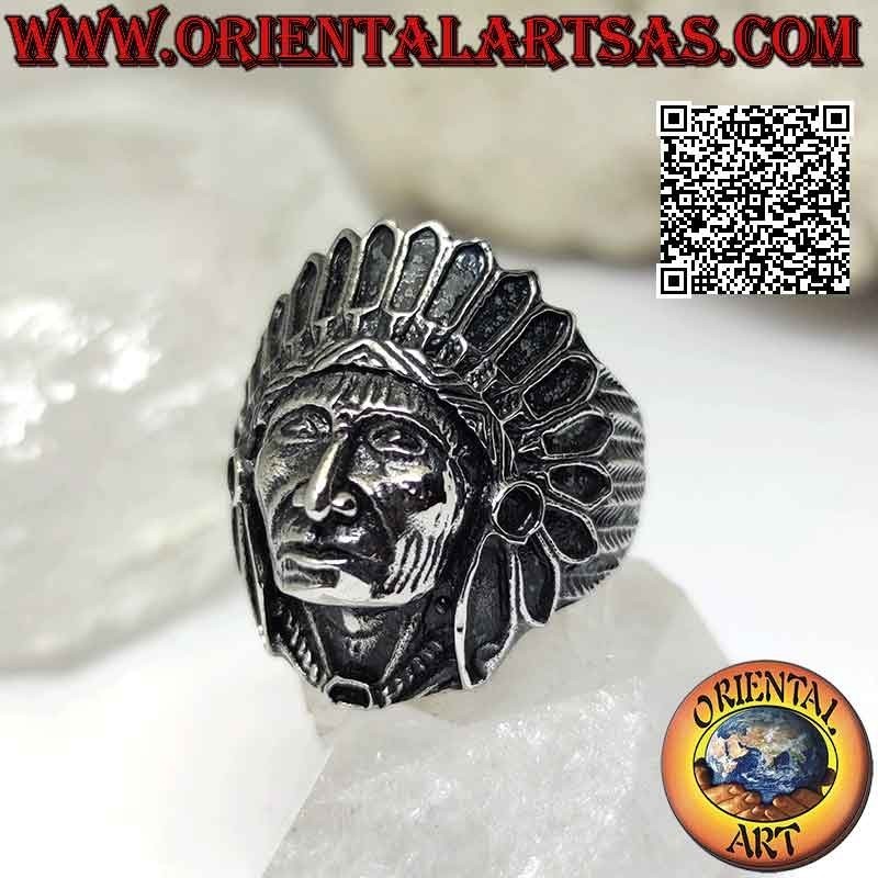Anillo de cabeza de acero quirúrgico (316L) de un indio nativo americano con tocado de plumas