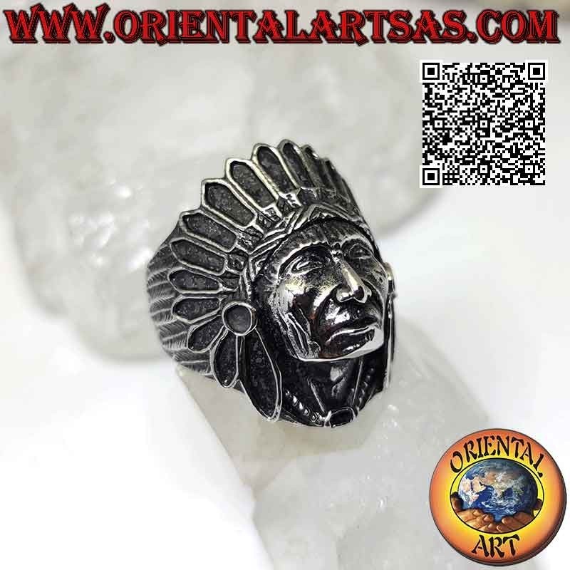 Anello in acciaio chirurgico (316L) testa di un indiano nativo d'America con copricapo di piume