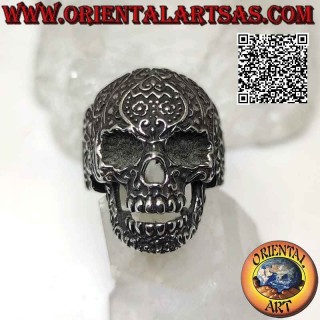 Surgical steel ring (316L), Mexican "calanca" skull with embossed floral decoration