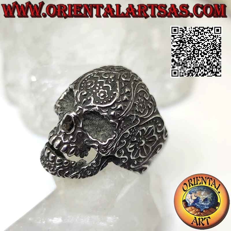 Chirurgenstahlring (316L), mexikanischer "calanca"-Totenkopf mit geprägtem Blumendekor