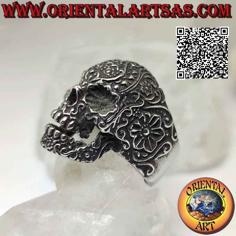 Surgical steel ring (316L), Mexican "calanca" skull with embossed floral decoration