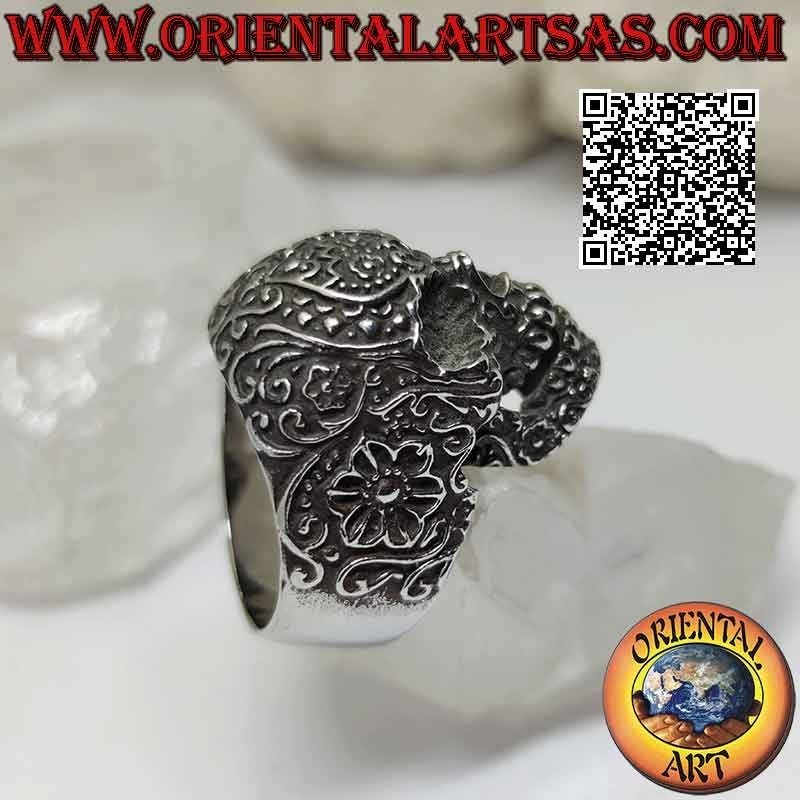 Bague en acier chirurgical (316L), tête de mort "calanca" mexicaine avec décor floral en relief