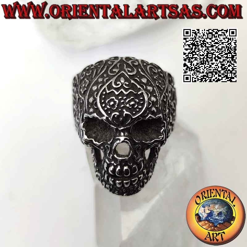 Anillo de acero quirúrgico (316L), calavera mexicana "calanca" con decoración floral en relieve
