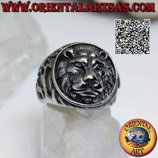 Bague en acier chirurgical (316L), tête de lion en relief (roi de la forêt) et sujet animaux sur les côtés