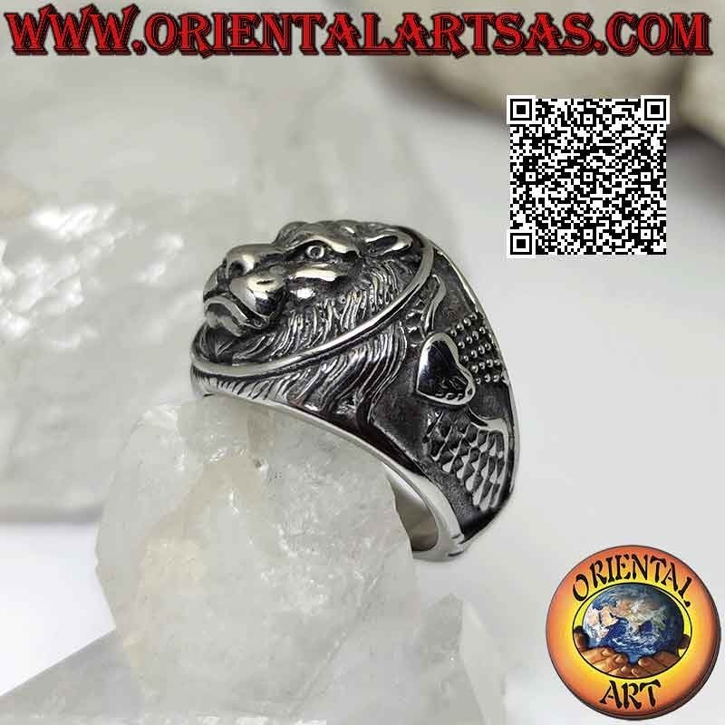 Surgical steel ring (316L), embossed lion head (king of the forest) and subject animals on the sides