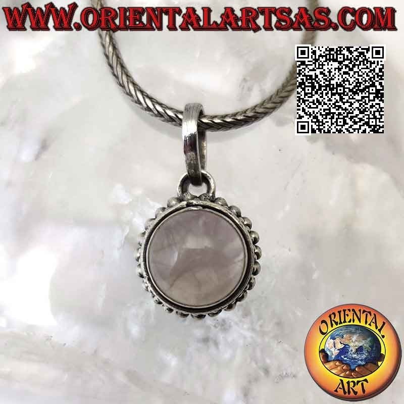 Silver pendant with round cabochon pink quartz surrounded by balls