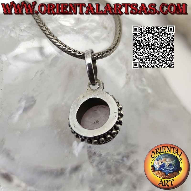 Silver pendant with round cabochon pink quartz surrounded by balls