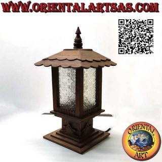 Japan style square hut table lamp in teak wood and arabesque glass