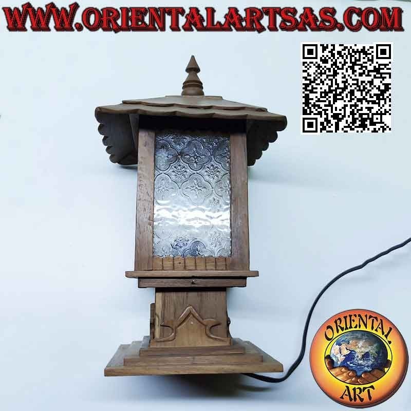 Lampe de table hutte carrée de style japonisant en bois de teck et verre arabesque
