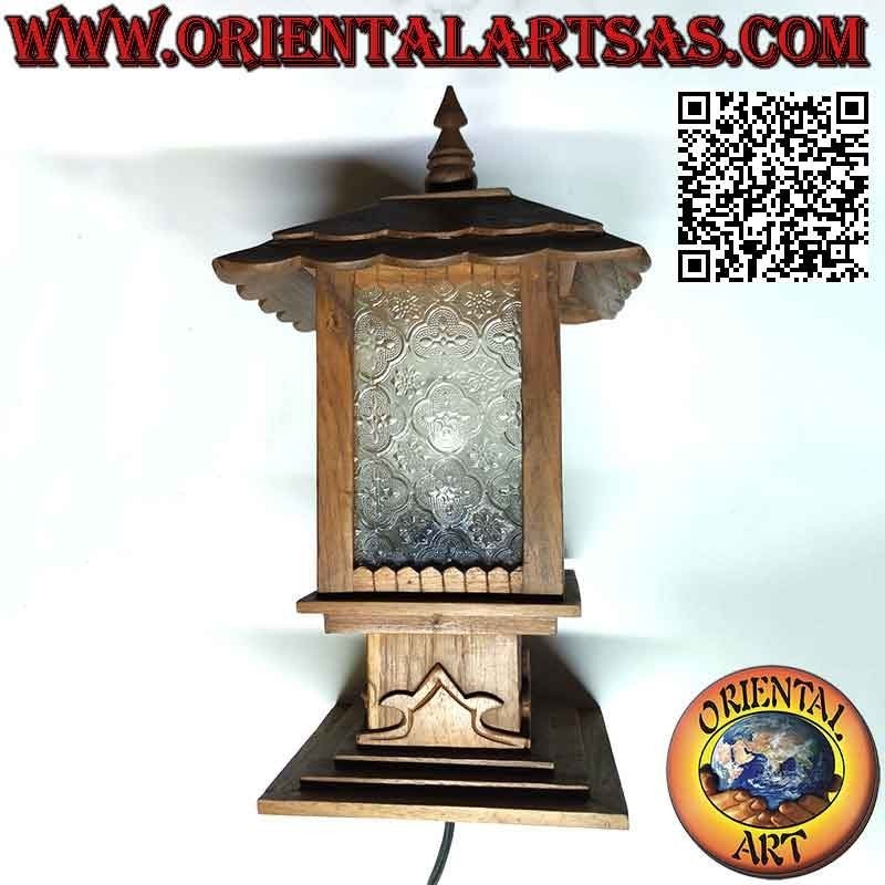 Lampada da tavolo capanna quadrata in stile "japan" in legno di teak e vetro arabesco