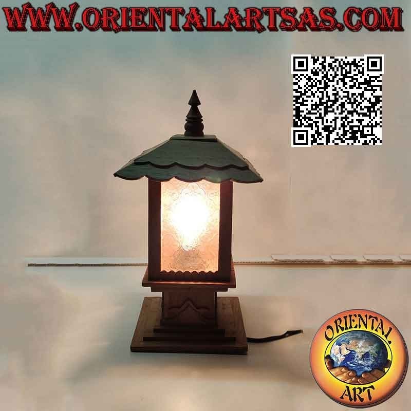 Quadratische Hütten-Tischlampe im japanischen Stil aus Teakholz und Arabeskenglas