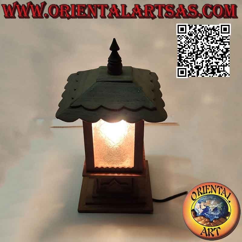 Lampada da tavolo capanna quadrata in stile "japan" in legno di teak e vetro arabesco