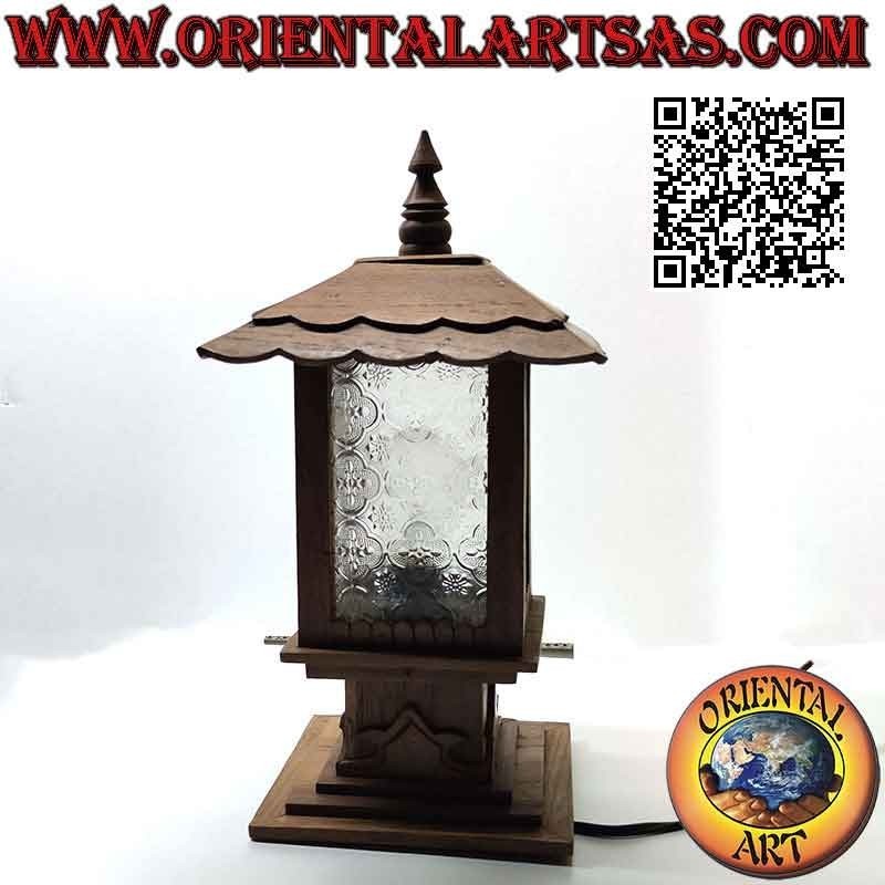 Japan style square hut table lamp in teak wood and arabesque glass
