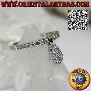 Silver ring with "hand of fatima" pendant studded with white zircons