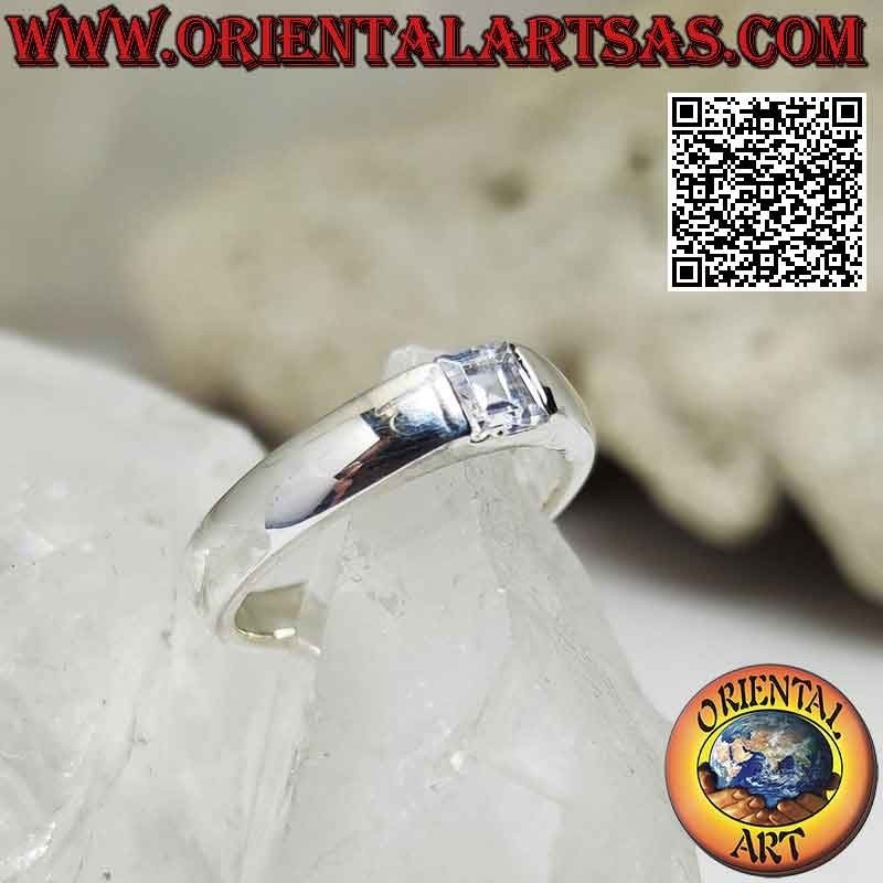 Smooth solitaire silver ring with white square zircon set in the junction of the band