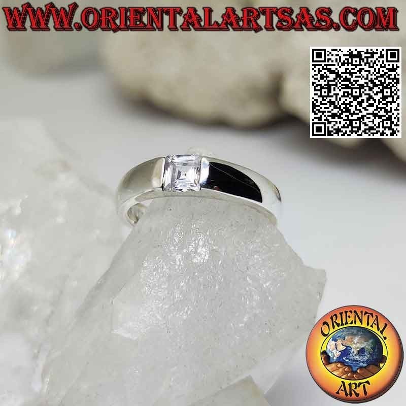 Smooth solitaire silver ring with white square zircon set in the junction of the band