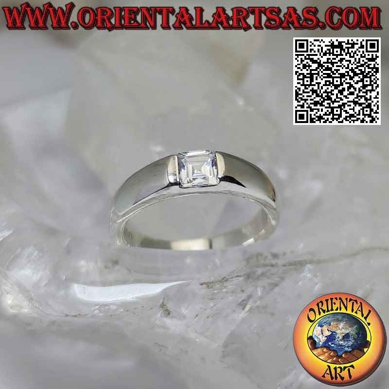 Smooth solitaire silver ring with white square zircon set in the junction of the band