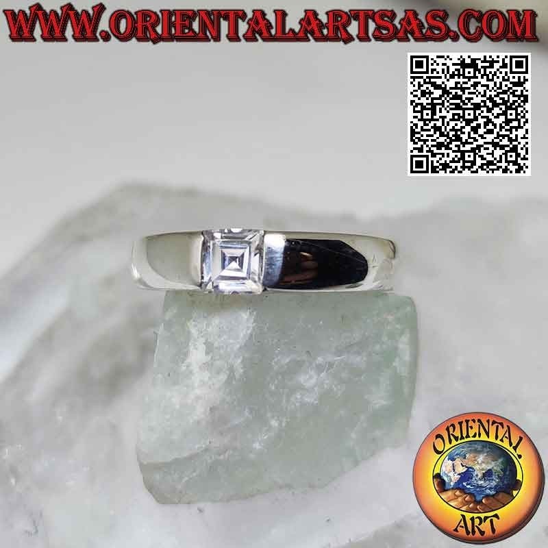 Smooth solitaire silver ring with white square zircon set in the junction of the band