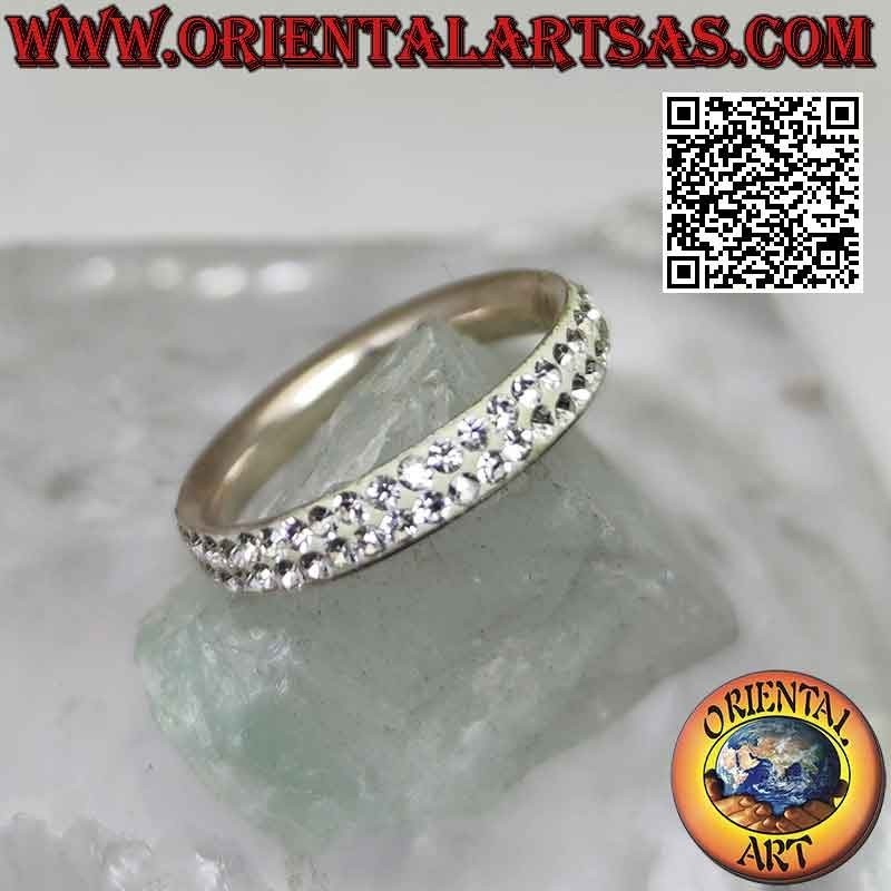 Silver band ring studded with two rows of glued white zircons (3 mm)