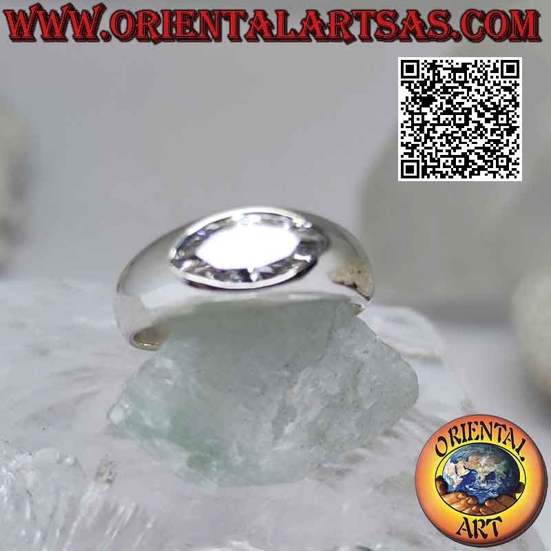 Silver ring with smooth growing band with white central horizontal shuttle zircon