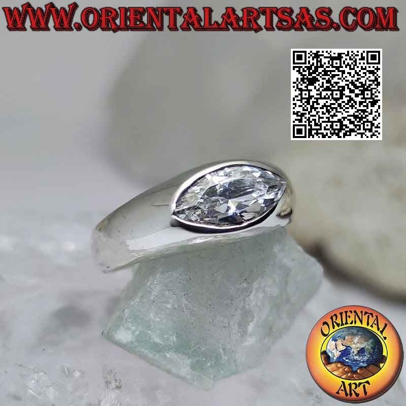 Silver ring with smooth growing band with white central horizontal shuttle zircon