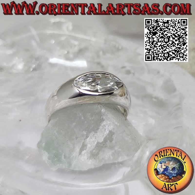 Bague en argent avec bande de croissance lisse avec zircon blanc navette horizontale centrale