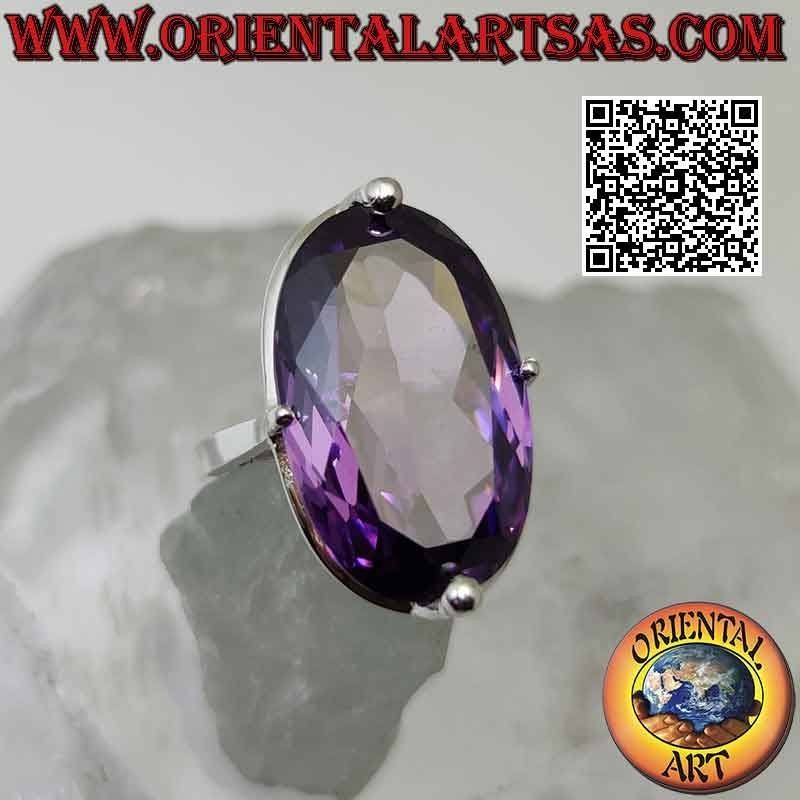 Silberring mit großem Amethyst-Zirkon in ovaler Fassung auf schlichter Fassung