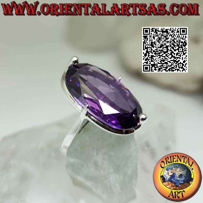 Silberring mit großem Amethyst-Zirkon in ovaler Fassung auf schlichter Fassung