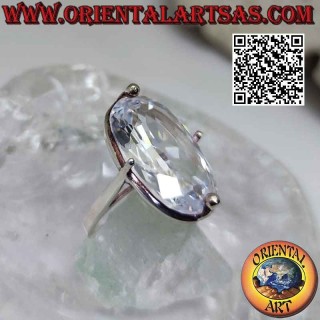 Silver ring with large white zircon set oval on a simple setting