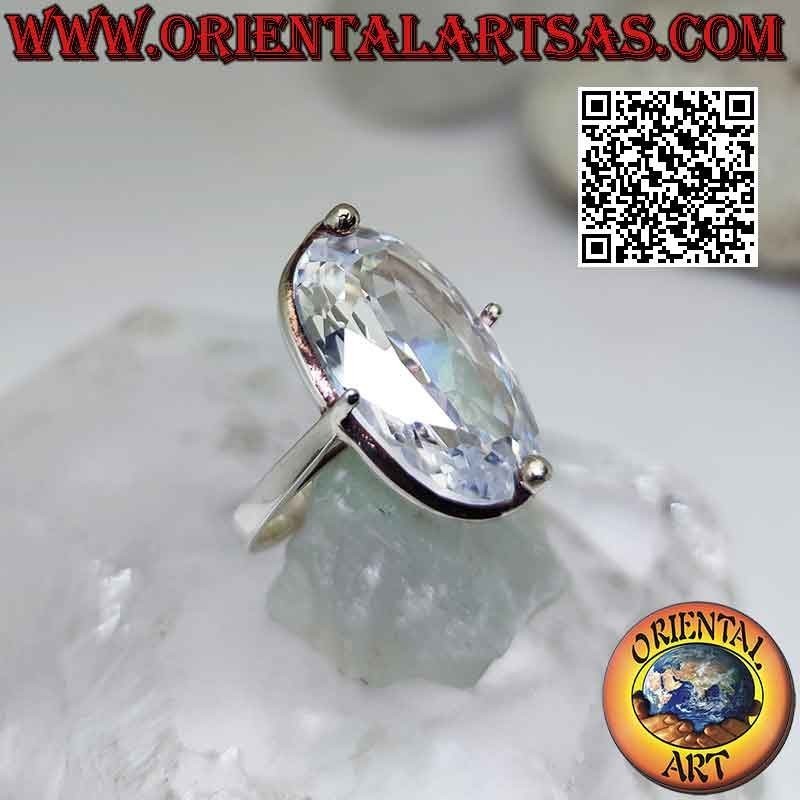 Silver ring with large white zircon set oval on a simple setting