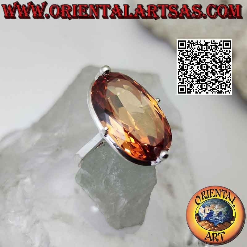 Silver ring with large champagne zircon set oval on a simple setting