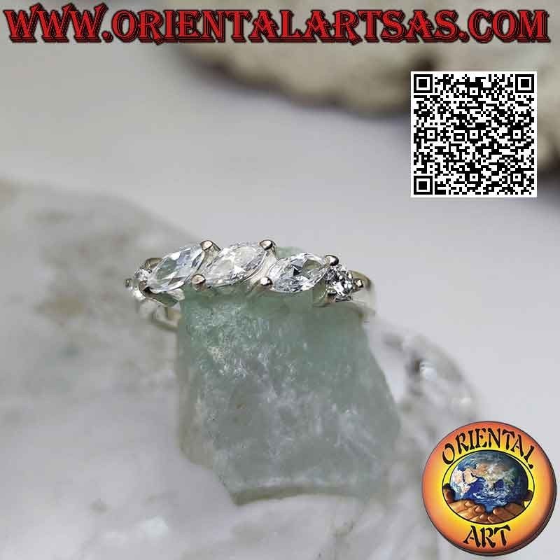 Tris silver ring of white shuttle zircons set obliquely between two round zircons