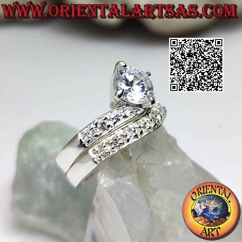 Silver ring, pair of rings studded half with white zircons set with a central round