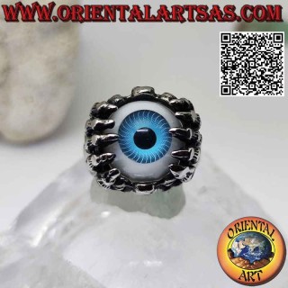 Surgical steel ring (316L), blue eye gripped by skeletal hands