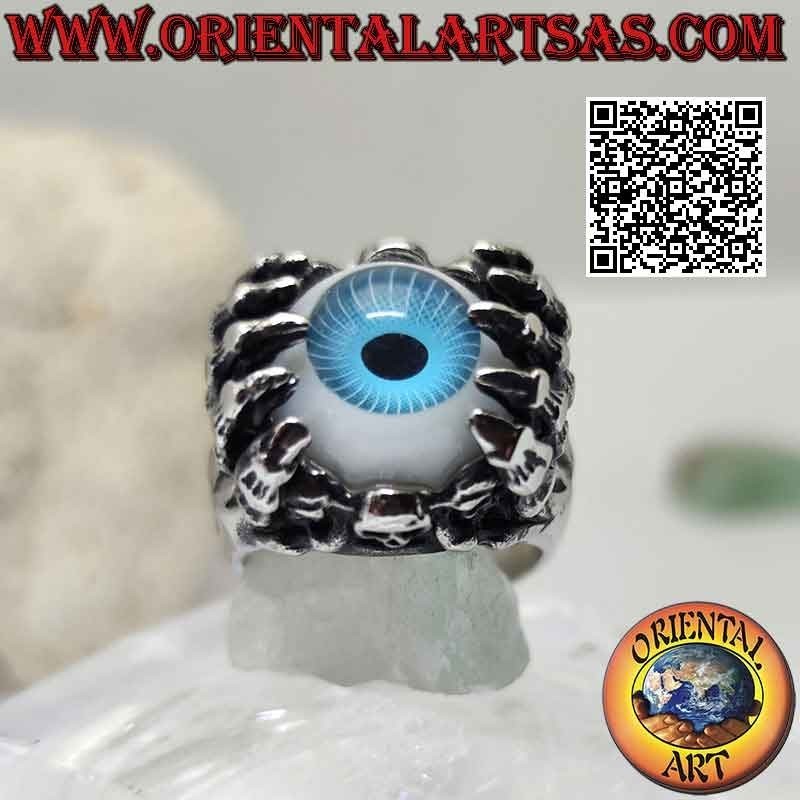 Anello in acciaio chirurgico (316L),  occhio azzurro afferrato da mani scheletriche