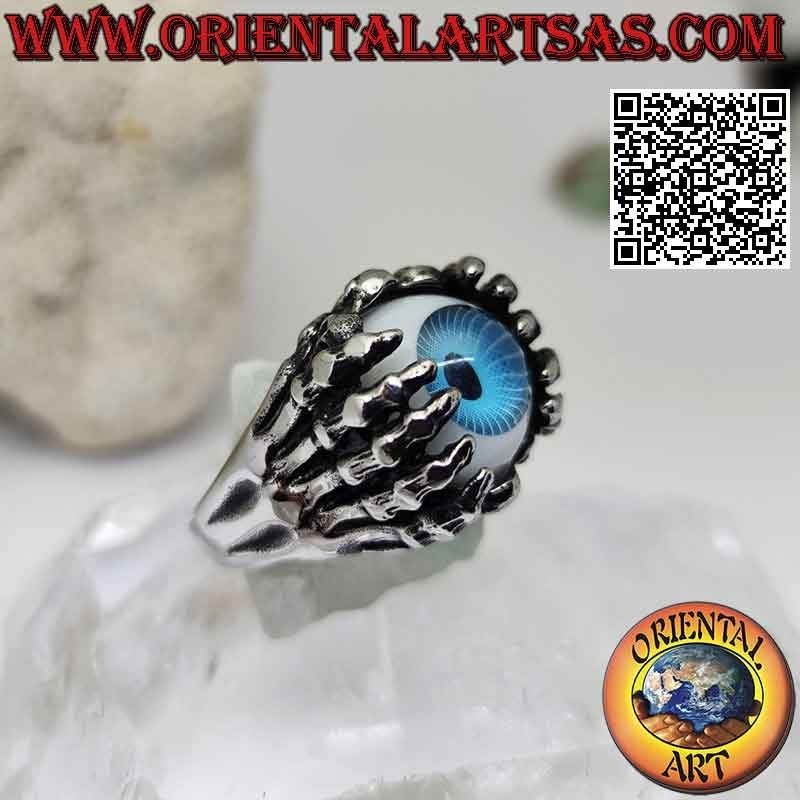 Surgical steel ring (316L), blue eye gripped by skeletal hands