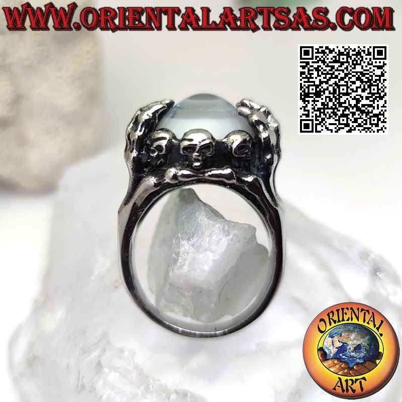 Anillo de acero quirúrgico (316L), ojo azul agarrado por manos esqueléticas