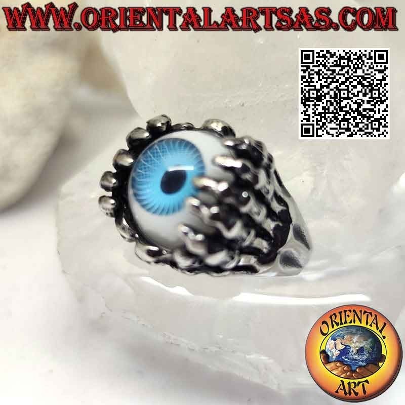 Anello in acciaio chirurgico (316L),  occhio azzurro afferrato da mani scheletriche