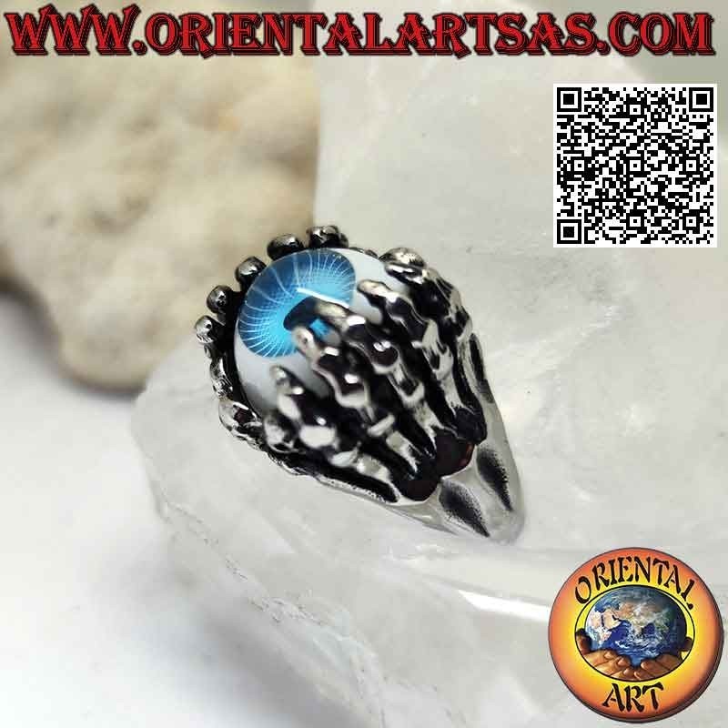 Chirurgenstahlring (316L), blaues Auge, das von Skeletthänden gegriffen wird