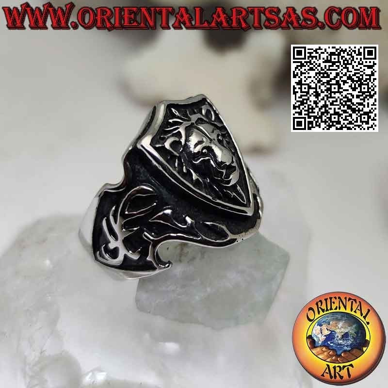 Surgical steel ring (316L), emblem with bas-relief lion and sword on the sides