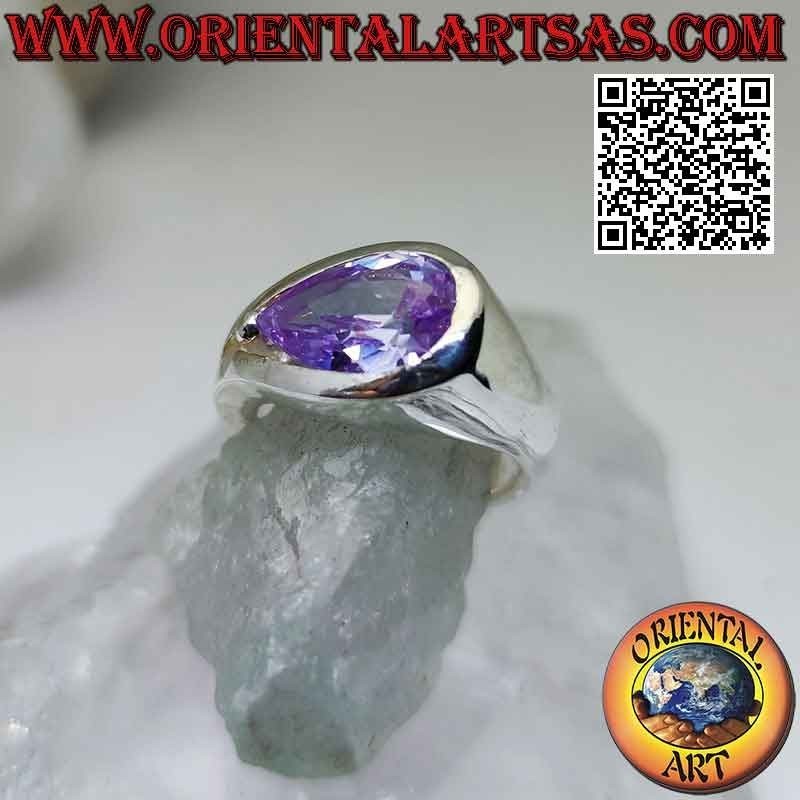 Bague en argent rhodié avec zircon goutte croix rose sur serti lisse