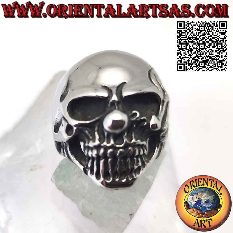 Anillo de acero quirúrgico (316L), calavera lisa con decoración y 13 grabados en una cara