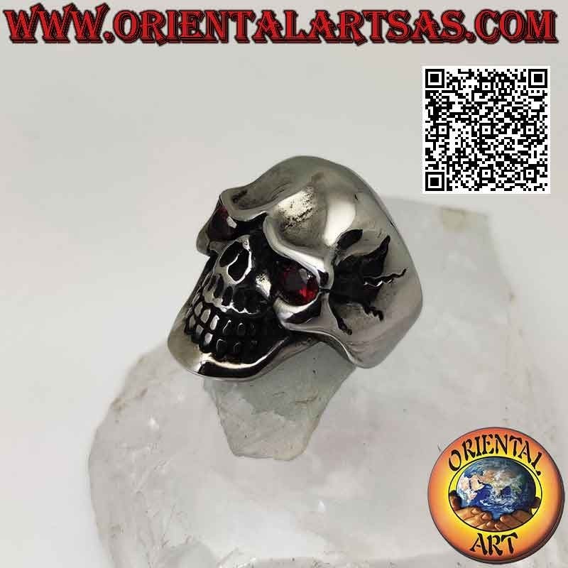 Surgical steel ring (316L), smooth skull with garnet eyes